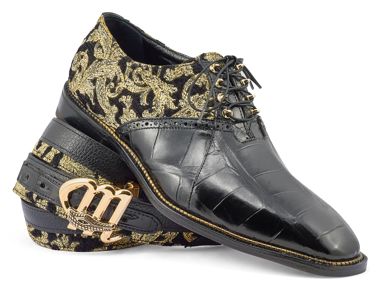 Mauri "Smooth" Black / Gold Genuine Alligator / Didier Fabric Oxford Shoes 4936.